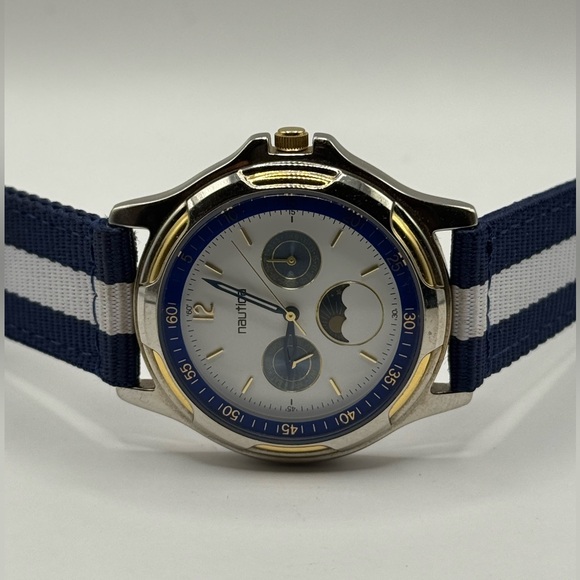 Nautica Other - Nautica Vintage Moon Phase Watch 39mm Unisex Blue White Nylon Band (New Battery)